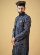 Navy Blue Embroidered Indowestern Set For Men